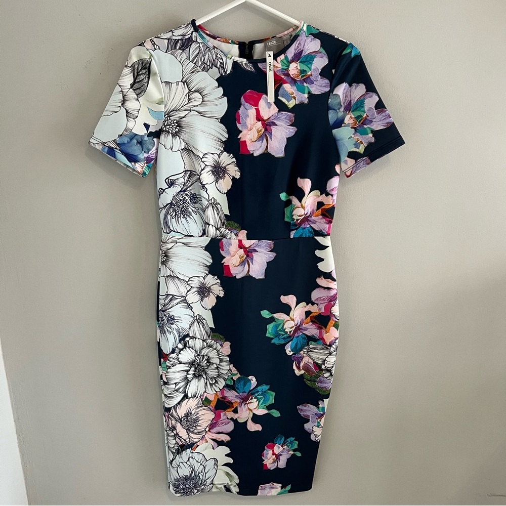 ASOS Navy Floral Pencil Dress with Multicolor Blooms